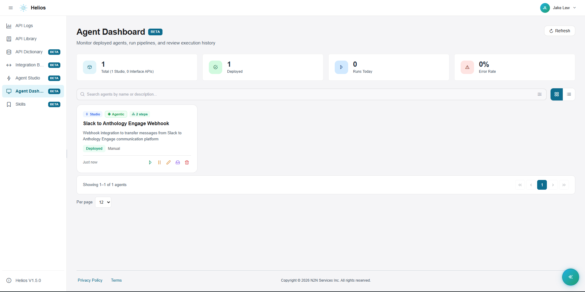 Helios Agent Dashboard showing 1 Total, 1 Deployed, 0 Runs Today, 0% Error Rate, and a deployed Slack to Anthology Engage Webhook agent card.